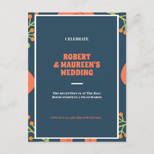 Blauw en rood bloemen bruiloftsreceptie  uitnodiging briefkaart (Voorkant)