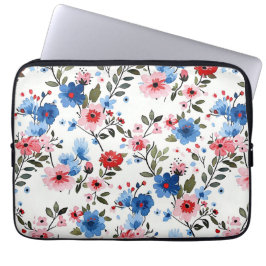 Blauw en rood bloemmotief laptop sleeve