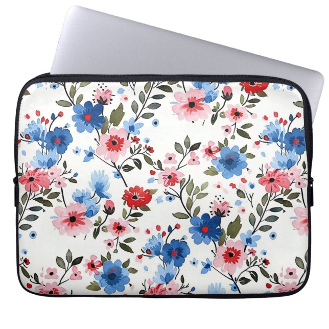 Blauw en rood bloemmotief laptop sleeve (Voorkant)