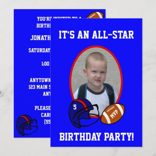 Blauw en rood Football en Football Helmet Birthday Kaart (Voorkant / Achterkant)