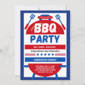 Blauw en rood Geïllustreerd 4 juli BBQ Party Kaart (Voorkant)