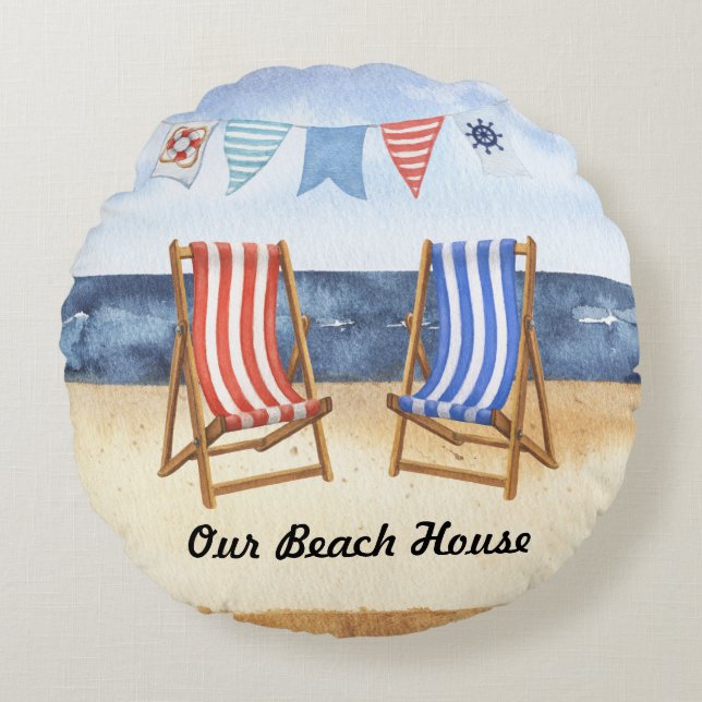 Blauw en Rood Gestreepte Strandstoelen Rond Kussen (Voorkant)