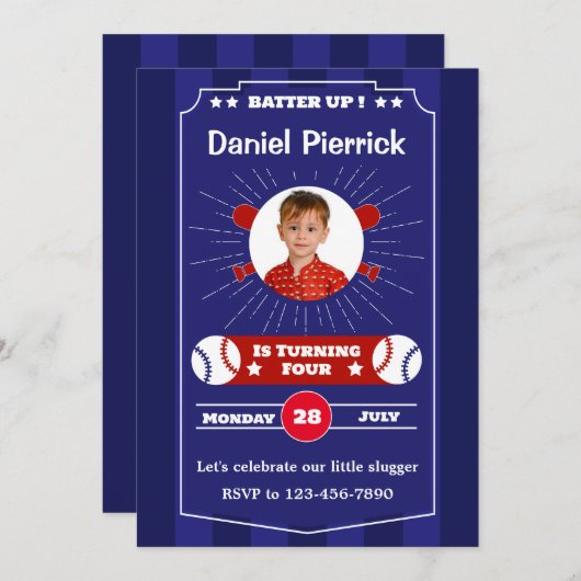 Blauw en Rood Honkbal Verjaardagsfeest Uitnodiging (Voorkant / Achterkant)