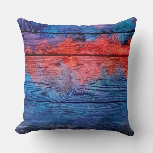 Blauw en rood hout  kussen (Voorkant)