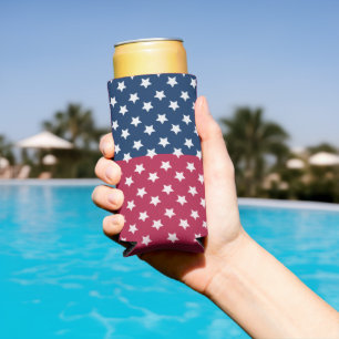 Blauw en rood kleurenblok met witte sterren seltzer blikjeskoeler
