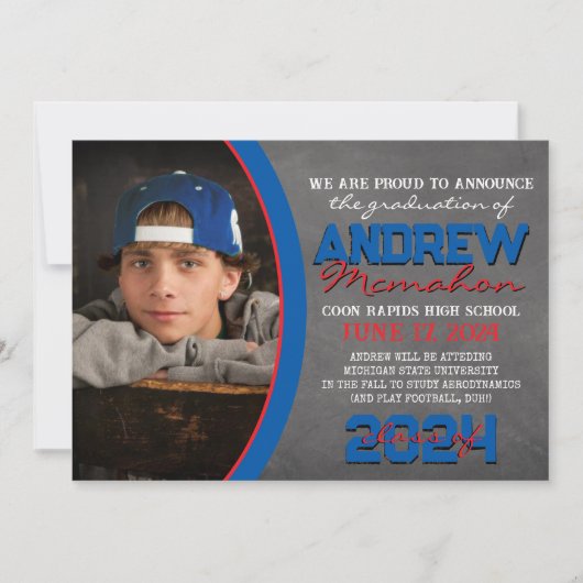 Blauw en rood krijtbord Afstuderen Aankondiging (Voorkant)