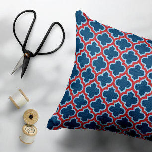 Blauw en Rood Marokkaans latwerk, Quatrefoil Accent Kussen