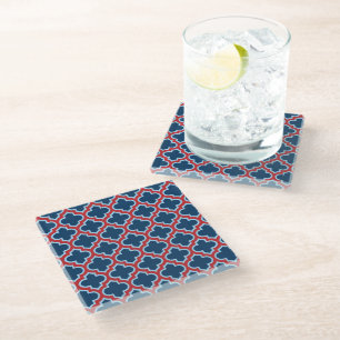 Blauw en Rood Marokkaans latwerk, Quatrefoil Glazen Onderzetter