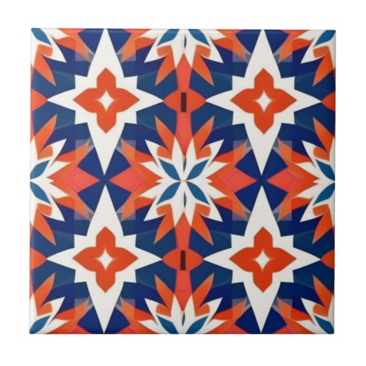 Blauw en Rood Marokkaans Mozaïekpatroon Tegeltje (Voorkant)