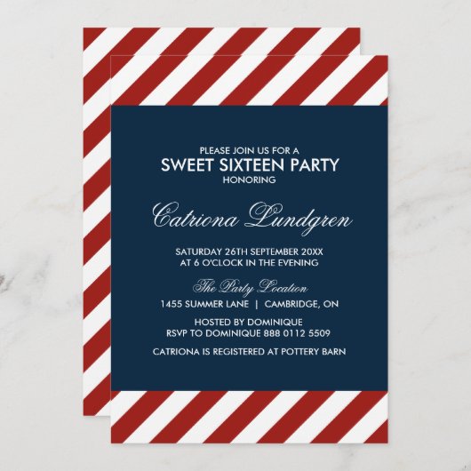 Blauw en Rood Nautisch Zoet Zestien Uitnodiging (Voorkant / Achterkant)