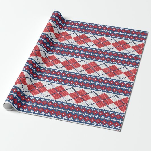 Blauw en rood, noords Sweater Pattern Argyle Kerst Cadeaupapier (Uitgerold)