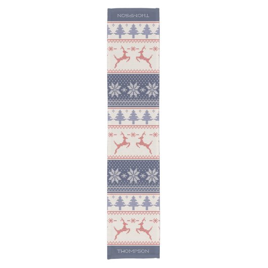 Blauw en rood Noordse Kerstpatroon Korte Tafelloper (Voorkant)