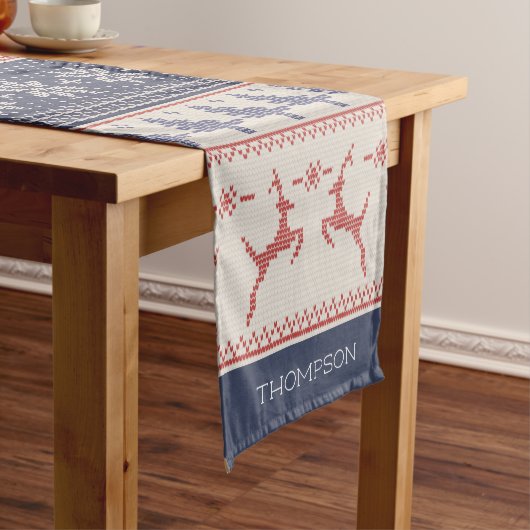 Blauw en rood Noordse Kerstpatroon Korte Tafelloper (Voorbeeld)