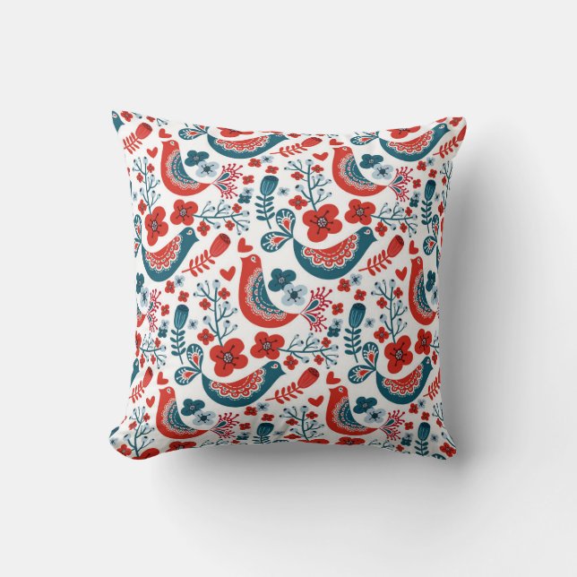 Blauw en rood Noordse vogel stijl kussen (Voorkant)