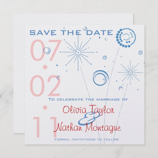 Blauw en rood opslaan Datum Fireworks Save The Date (Voorkant / Achterkant)