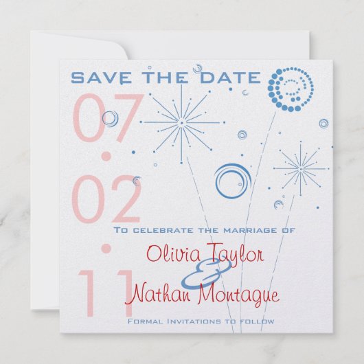 Blauw en rood opslaan Datum Fireworks Save The Date (Voorkant)