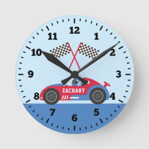Blauw en rood raceautobestuurders jongensbed muurd ronde klok