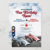 Blauw en rood Retro Racing Cars Verjaardag broers  Kaart (Voorkant / Achterkant)