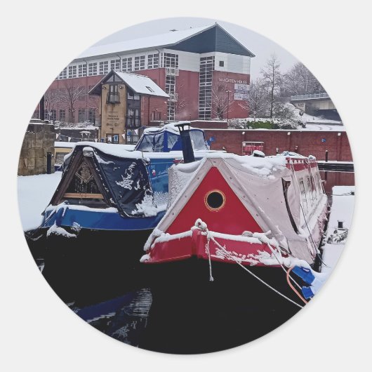 Blauw en rood schip ronde sticker (Voorkant)