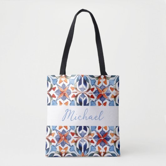 Blauw en rood Spaans Bloemen Tegel Tote Bag (Voorkant)