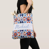 Blauw en rood Spaans Bloemen Tegel Tote Bag (Dichtbij)