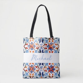 Blauw en rood Spaans bloementegel Tote Bag