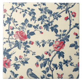 Blauw en rood Toile de Jouy bloemen Tegeltje