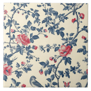 Blauw en rood Toile de Jouy bloemen Tegeltje