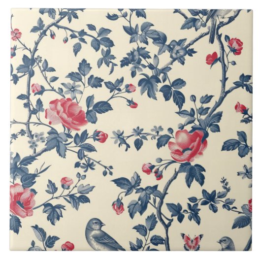 Blauw en rood Toile de Jouy bloemen Tegeltje (Voorkant)
