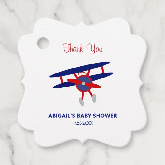 Blauw en Rood Vliegtuig Baby shower Bedankjes Labels (Voorkant)