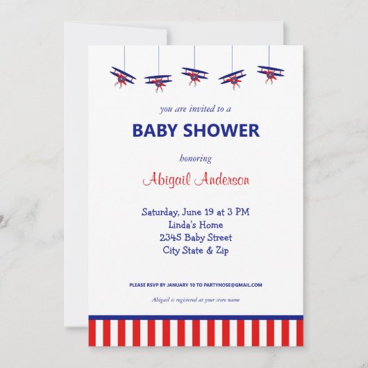 Blauw en Rood Vliegtuig Gestreept Baby shower Invi Kaart (Voorkant)