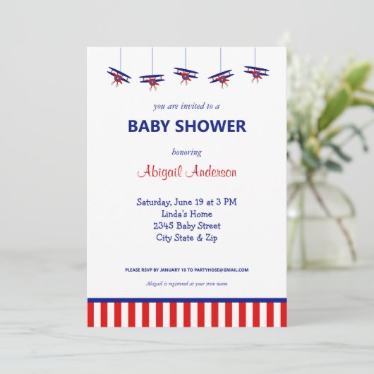 Blauw en Rood Vliegtuig Gestreept Baby shower Invi Kaart (Staand voorkant)