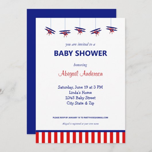 Blauw en Rood Vliegtuig Gestreept Baby shower Invi Kaart (Voorkant / Achterkant)