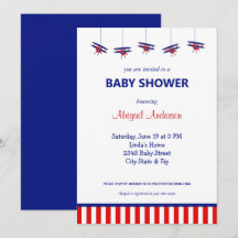 Blauw en Rood Vliegtuig Gestreept Baby shower Invi
