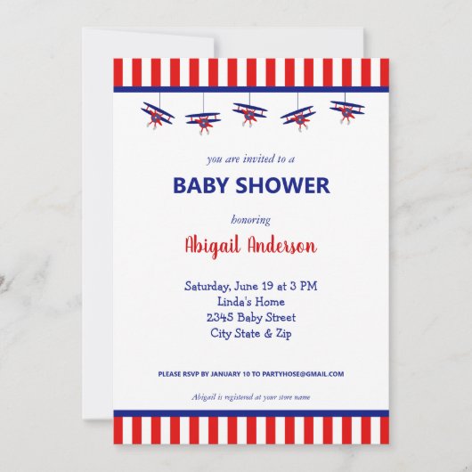 Blauw en Rood Vliegtuig Gestreept Baby shower Kaart (Voorkant)