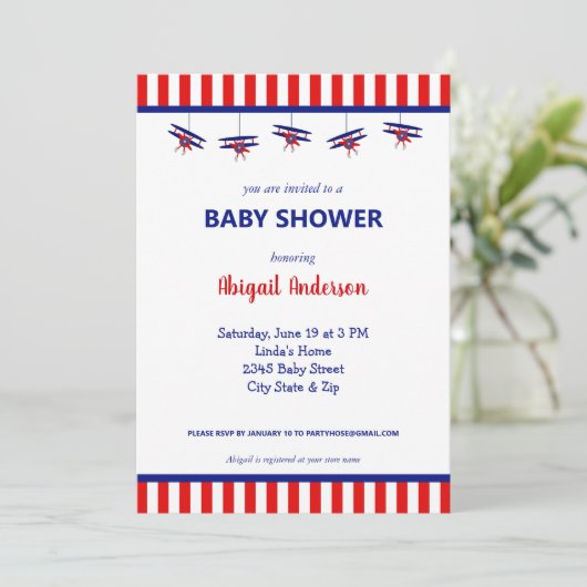 Blauw en Rood Vliegtuig Gestreept Baby shower Kaart (Staand voorkant)