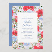 Blauw en rood Waterverf Bloemenfeest Uitnodiging (Voorkant / Achterkant)