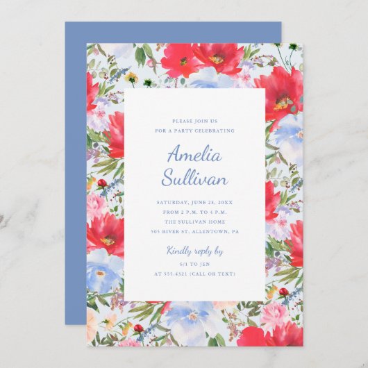 Blauw en rood Waterverf Bloemenfeest Uitnodiging (Voorkant / Achterkant)