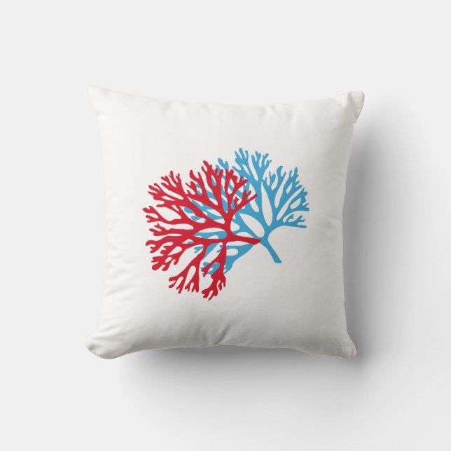 blauw en rood zee ventilator koraalsilhouet kussen (Voorkant)