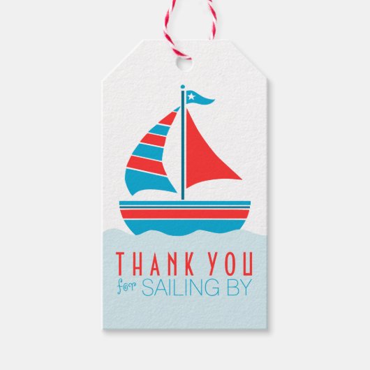 Blauw en Rood Zeilboot Nautisch Verjaardagsfeest Cadeaulabel (Voorkant)