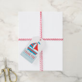 Blauw en Rood Zeilboot Nautisch Verjaardagsfeest Cadeaulabel (Met Touw)