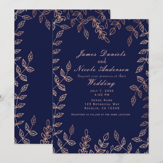 Blauw en Roos Glam Botanische Elegant Weddenschap Kaart (Voorkant / Achterkant)