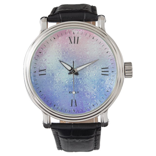 Blauw en roos goudbruin glasblauw horloge (Voorkant)