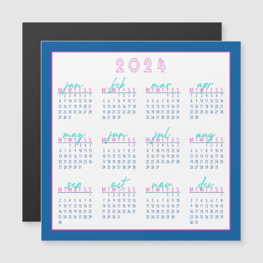 Blauw en Roze 2024 Maandag-Start Kalender Magneet (Voorkant / Achterkant)