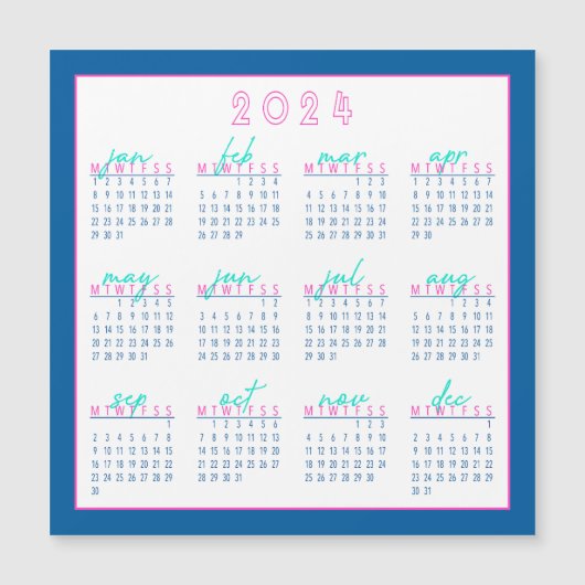 Blauw en Roze 2024 Maandag-Start Kalender Magneet (Voorkant)