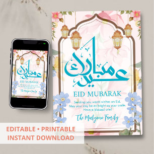 Blauw en Roze Aquarel Bloemstuk Eid Mubarak Kaart