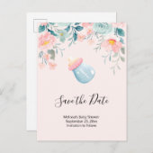 Blauw en roze Baby flesje Baby shower Opslaan Datu Uitnodiging Briefkaart (Voorkant / Achterkant)