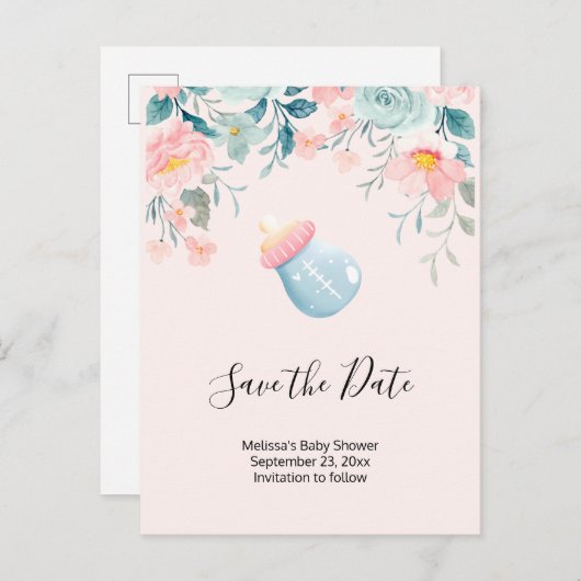Blauw en roze Baby flesje Baby shower Opslaan Datu Uitnodiging Briefkaart (Voorkant / Achterkant)