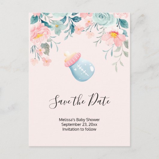 Blauw en roze Baby flesje Baby shower Opslaan Datu Uitnodiging Briefkaart (Voorkant)