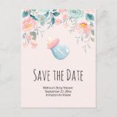 Blauw en roze Baby flesje Baby shower Opslaan Datu Uitnodiging Briefkaart (Voorkant)